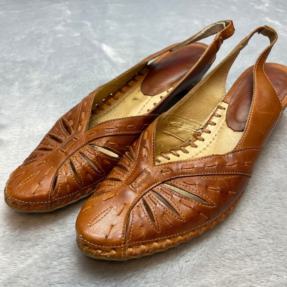 Pikolinos Leather Slingback Heels Size 40 US 9.5-10 Brown Cutout Kitten Heels